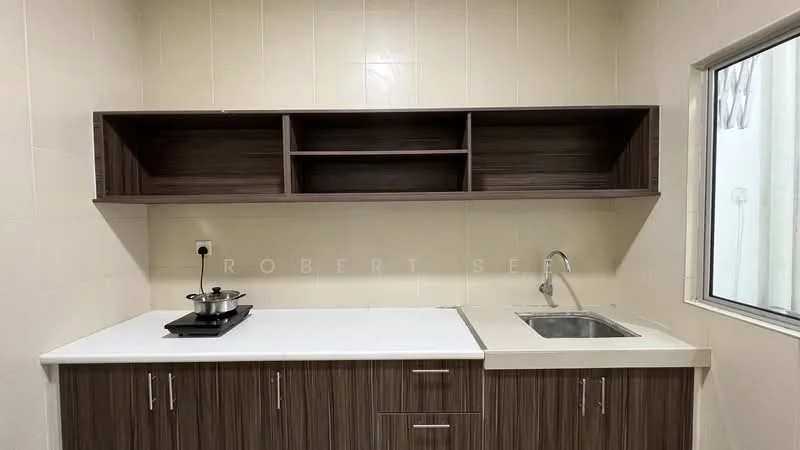 Kitchen features: white countertop, brown wooden cabinetry, open shelving above countertop, stainless-steel sink, single-bowl sink, gas stove with pot, cream tiled walls, window with view; style: modern.