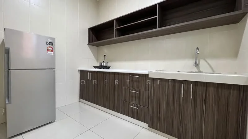 Kitchen features: stainless-steel fridge, laminate cabinetry in dark wood finish, white countertop, single-bowl stainless-steel sink, chrome pull-down faucet, wall-mounted open shelving, ceramic tile flooring, white tiled walls; style: modern.