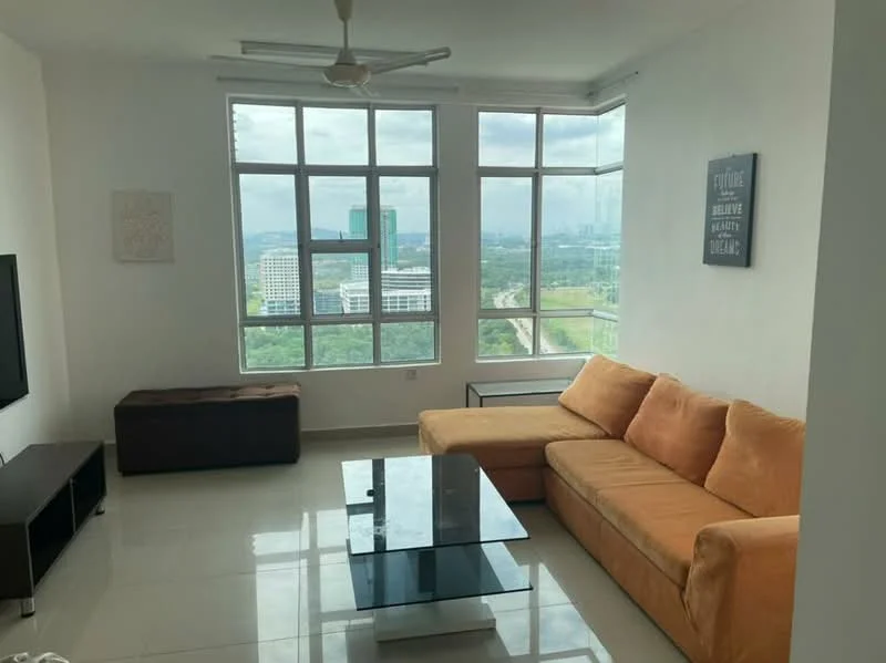 Living features: L-shape sectional sofa in orange, glass coffee table, wall-mounted TV, TV console in black, floor-to-ceiling windows, white painted walls, polished tile flooring, ceiling fan with light, decorative wall art, view of city skyline; style: modern; view: city.