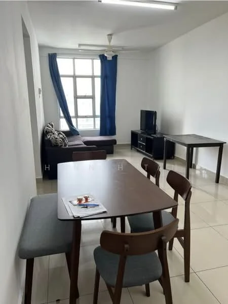 Living features: 3-seater fabric sofa in dark grey, decorative cushions, coffee table, TV console, wall-mounted TV, floor-to-ceiling window, blue curtains, ceiling fan, light-colored walls, glossy tile flooring, dining table with 4 chairs, magazine on table; style: modern; view: city.