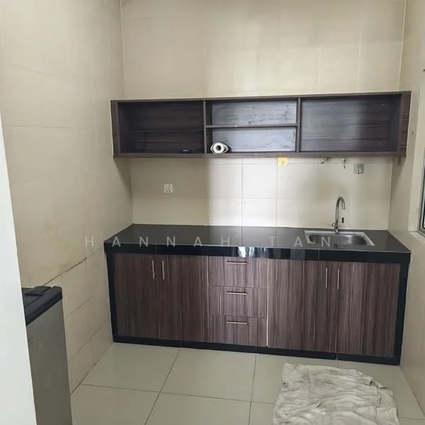 Kitchen features: brown wooden cabinetry, black granite countertop, single-bowl stainless-steel sink, chrome faucet, white tiled walls, grey tiled flooring, open shelving above countertop, built-in storage drawers, refrigerator, window for natural light; style: modern.