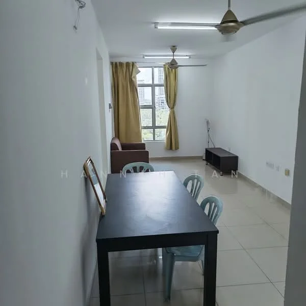 Living features: white painted walls, ceramic tile flooring, 5-blade ceiling fan with light, floor-to-ceiling windows, curtains in yellow, brown fabric sofa, dining table with black surface, 3 plastic chairs in light blue, TV console, wall-mounted TV; style: modern; view: city.