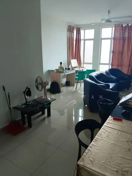 Living features: white painted walls, glossy tile flooring, floor-to-ceiling windows, curtains in orange and white, 3-seater fabric sofa in dark blue, coffee table, desk with chair, table lamp, ceiling fan, wall-mounted fan; style: modern.