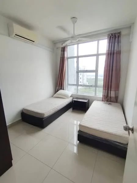 Bedroom features: two single beds, white walls, light-colored curtains, floor-to-ceiling windows, ceiling fan, tile flooring, nightstand, air conditioning unit; style: modern; view: garden.