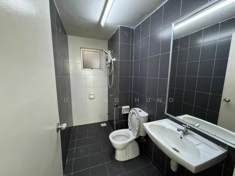 Bathroom features: black tiled walls, white tiled walls, ceramic tile flooring, single-sink vanity with white cabinet, chrome basin mixer faucet, framed mirror, one-piece toilet, shower with handheld shower head, exhaust fan, ceiling light fixture; style: modern.