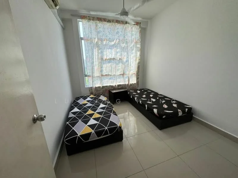 Bedroom features: two single beds with black upholstered frames, geometric patterned bedspread on one bed, plain black bedspread on the other bed, white painted walls, large window with sheer curtains, ceiling fan, glossy tile flooring, natural light from window; style: minimalist.