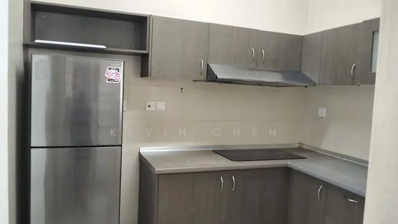 Kitchen features: stainless-steel fridge, grey laminate cabinetry, silver handle pulls, stainless-steel range hood, built-in countertop, single-basin sink, ceramic tile backsplash, wall-mounted cabinets, grey countertop, electric cooktop; style: modern.