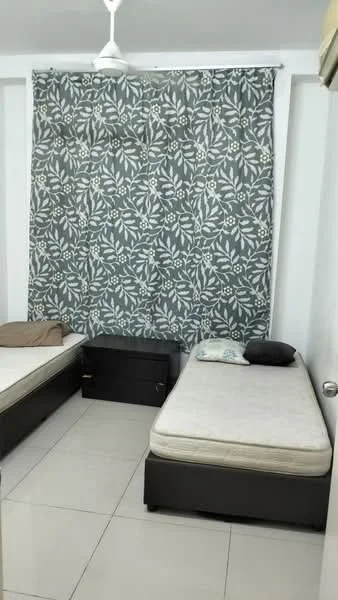 Bedroom features: two single beds, decorative patterned bedspread, dark wood bed frames, white tiled flooring, ceiling fan, dark wood bedside table, floral patterned curtain, wall-mounted mirror; style: modern.