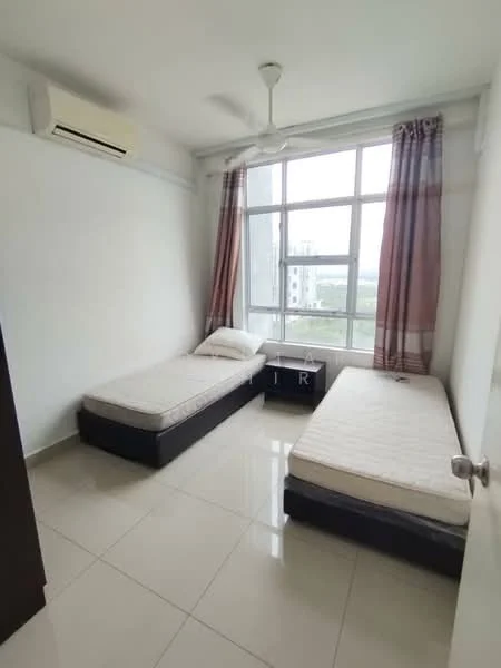 Bedroom features: two single beds, white walls, floor-to-ceiling windows, curtains in brown, white ceiling, ceiling fan, air conditioning unit, tile flooring, nightstand, view of surrounding area; style: modern; view: city.