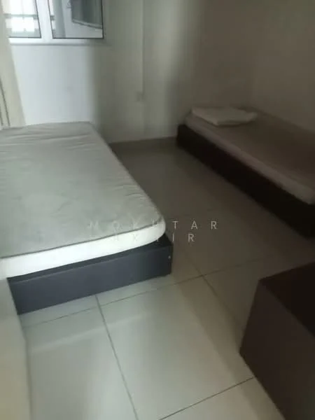 Bedroom features: two single beds, mattresses on beds, white bed linens, dark wood bed frames, tile flooring, window with sheer curtains, light-colored walls, minimalist decor; style: minimalist.