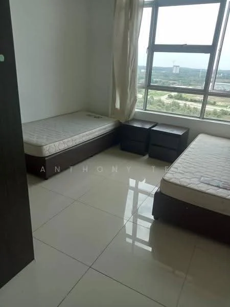 Bedroom features: two single beds, mattresses on beds, two bedside tables, large window with city view, white walls, glossy tile flooring, curtains, natural light; view: city.