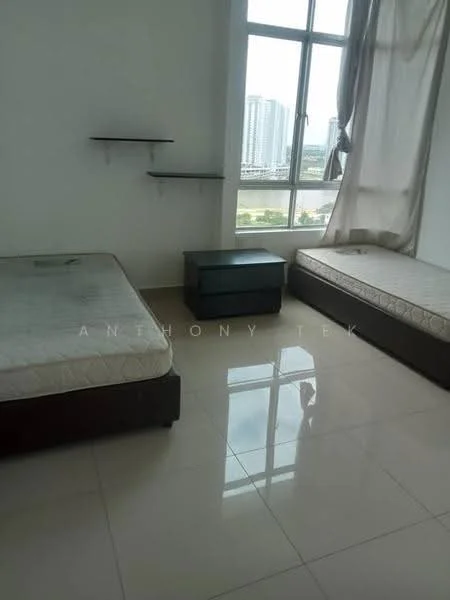 Bedroom features: two single beds, mattresses on beds, large window with city view, white walls, light-colored floor tiles, shelves mounted on wall, curtains, nightstand; style: modern; view: city.