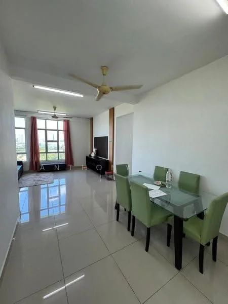 Living features: white painted walls, glossy ceramic tile flooring, 5-blade ceiling fan with light, large windows with city view, red curtains, black TV console, glass dining table, 4 green upholstered dining chairs, sofa in dark color, decorative items on table; style: modern; view: city.