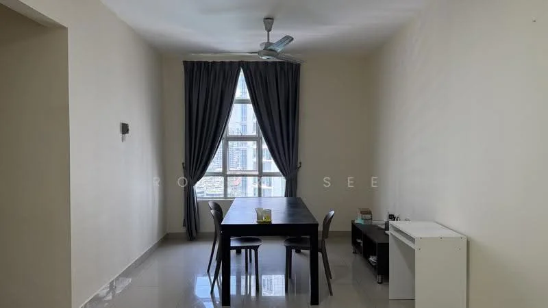 Dining features: dining table with four chairs, floor-to-ceiling windows, grey curtains, light grey painted walls, polished ceramic tile flooring, ceiling fan with light, sideboard or console table, decorative plant on table; style: modern; view: city.