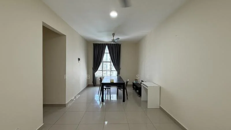 Dining features: grey tiled flooring, white painted walls, ceiling fan, large window with sheer curtains, dining table for four, black dining chairs, sideboard, decorative wall sconce; style: modern; view: city.