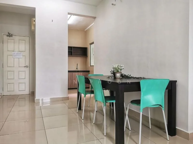 Dining features: black dining table, 4 green plastic dining chairs, white painted walls, glossy beige tile flooring, decorative plant on table, door leading to hallway, kitchen visible in background; style: modern.