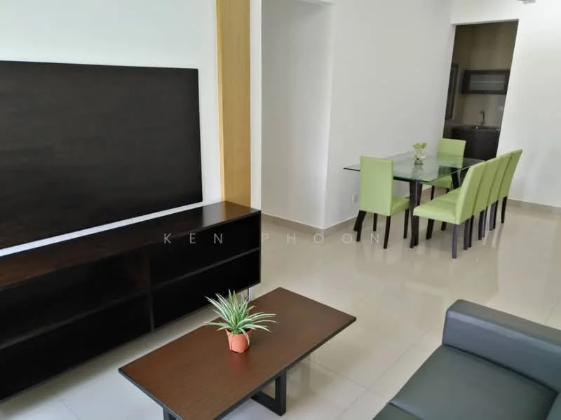 Living features: black wooden TV console, white painted walls, cream tiled flooring, 3-seater black leather sofa, coffee table with wooden surface, decorative plant on coffee table, wall-mounted TV, dining table with 6 green upholstered chairs, kitchen area visible in background; style: modern.