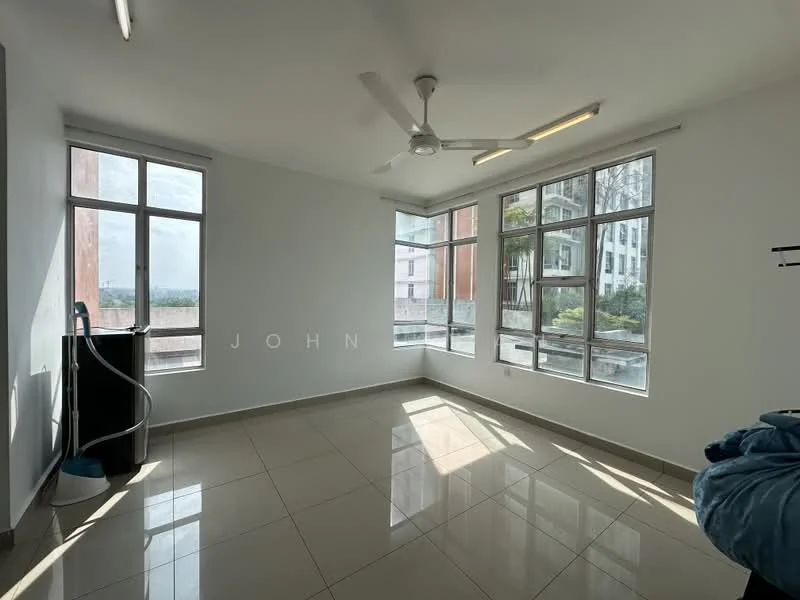 Room features: white painted walls, glossy ceramic tile flooring, 5-blade ceiling fan with light, floor-to-ceiling windows, natural light from multiple windows, curtains, corner view, open space layout; style: modern; view: city.