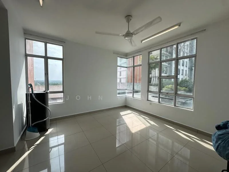 Living features: white painted walls, glossy ceramic tile flooring, 5-blade ceiling fan with light, floor-to-ceiling windows, natural light from multiple windows, view of outdoor greenery, sliding glass door, corner window, neutral color scheme; style: modern; view: garden.
