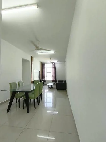 Living features: white painted walls, glossy tile flooring, 5-blade ceiling fan, large window with sheer curtains, sofa in dark color, coffee table, dining table with green chairs, TV console, recessed lighting; style: modern.