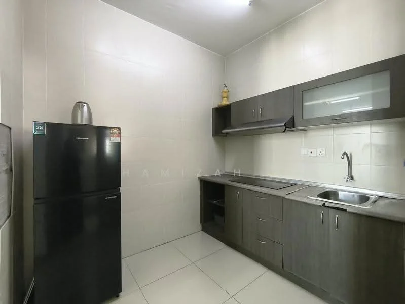 Kitchen features: dark wood cabinetry, stainless-steel sink, chrome faucet, black fridge, countertop with storage underneath, wall-mounted range hood, ceramic tile flooring, white tiled walls, glass-front upper cabinets; style: modern.