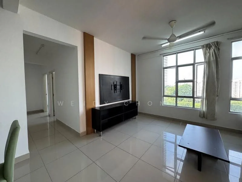 Living features: white painted walls, glossy ceramic tile flooring, 5-blade ceiling fan with light, large windows with city view, wall-mounted TV, black TV console, coffee table, natural light from windows, curtains, neutral color palette; style: modern; view: city. Room features: white painted walls, glossy ceramic tile flooring, natural light from windows.