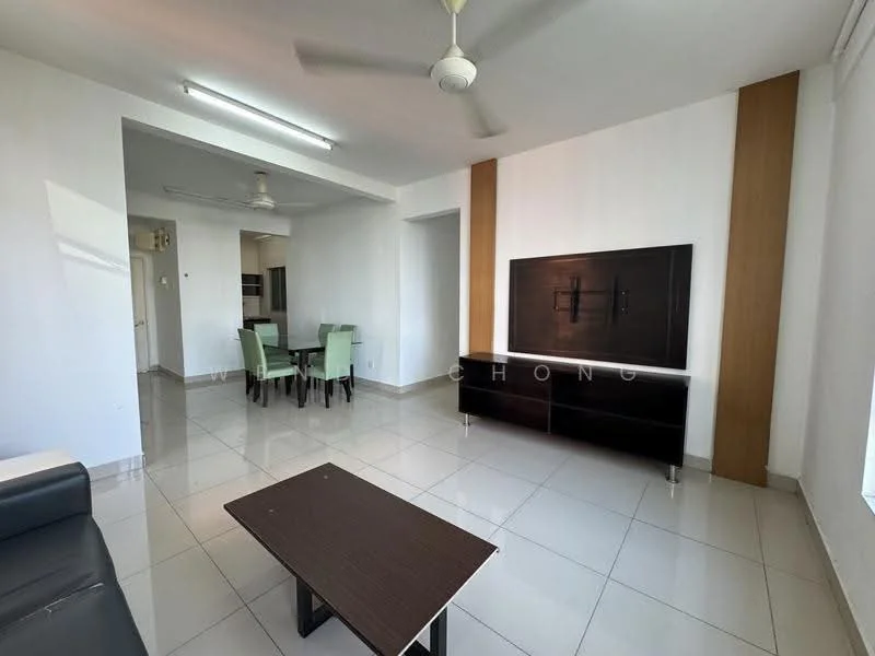Living features: grey leather sofa, wooden coffee table, TV console, wall-mounted TV, ceiling fan, white painted walls, tile flooring, large windows with natural light, decorative wall panel, dining area visible in background, green upholstered dining chairs, dining table for four; style: modern.