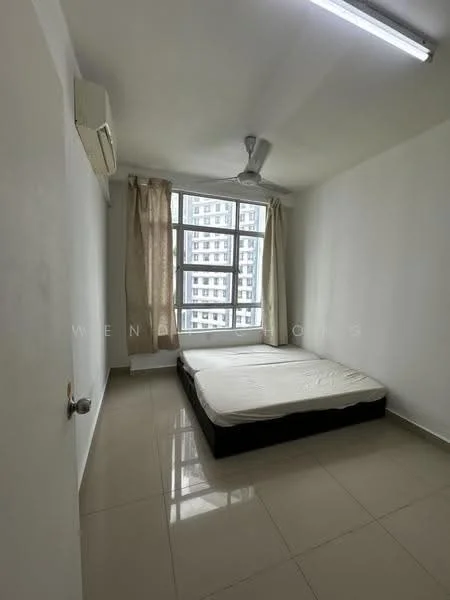 Bedroom features: queen-size bed, white walls, tile flooring, 5-blade ceiling fan, floor-to-ceiling windows, sheer curtains, wall-mounted split AC, natural light, neutral decor; style: modern; view: city.