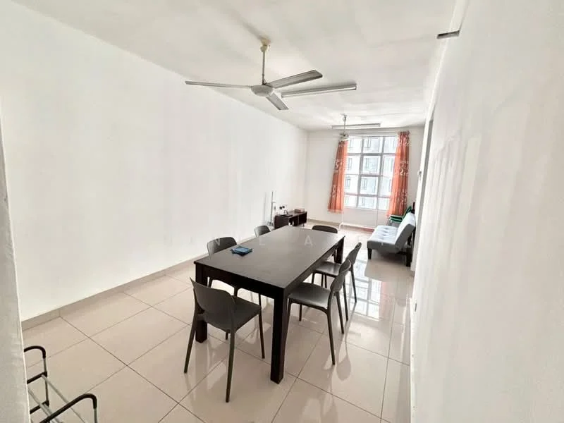 Dining features: white painted walls, glossy ceramic tile flooring, 5-blade ceiling fan, 6-seater dining table, grey dining chairs, large window with sheer curtains, natural light from window, decorative wall clock; style: modern.