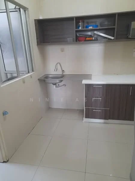 Kitchen features: single-bowl stainless-steel sink, chrome pull-down faucet, white laminate countertop, dark wood cabinetry, open shelving, ceramic tile flooring, wall-mounted microwave, window with sliding glass, neutral painted walls; style: modern.
