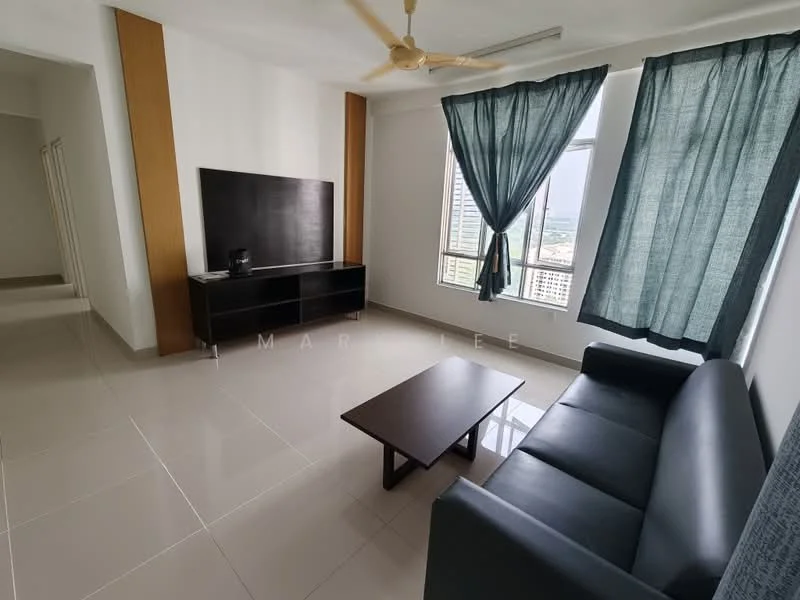 Living features: black leather sofa, wooden coffee table, TV console, wall-mounted TV, floor-to-ceiling windows, curtains in teal, light-colored walls, glossy tile flooring, ceiling fan; style: modern; view: city.