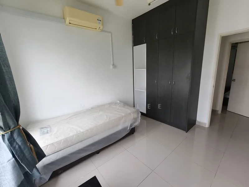 Bedroom features: single bed with mattress, built-in wardrobe with sliding doors, white walls, tile flooring, curtains, wall-mounted air conditioning unit, ceiling fan, door to hallway; style: modern.