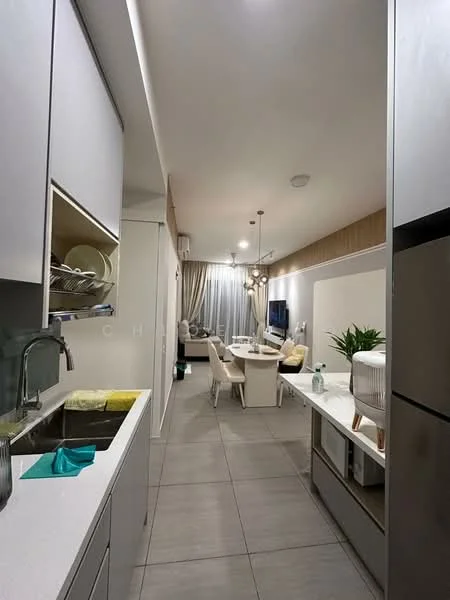 Kitchen features: single-bowl stainless-steel sink, chrome pull-down faucet, grey cabinetry, white countertop, built-in oven, stainless-steel fridge, ceramic tile flooring, wall-mounted cabinets, open shelving, dish rack, kitchen utensils, green dish cloth, yellow sponge, light fixture, recessed downlights; style: modern. Living features: sofa with cushions, dining table with chairs, wall-mounted TV, light fixture, curtains, decorative plant, area rug, wood panel accent wall; style: modern.