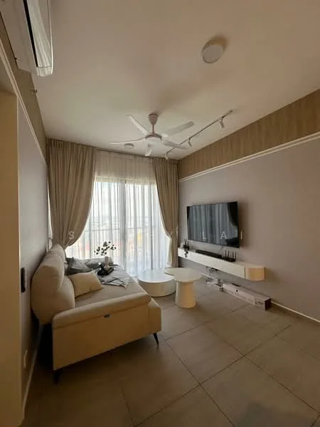Living features: 3-seater fabric sofa in beige, coffee table, wall-mounted TV, TV console, floor-to-ceiling windows, sheer curtains, 5-blade ceiling fan, recessed downlights, light-colored wall with wood paneling, tile flooring, decorative plant on sofa, area rug; style: modern; view: city.