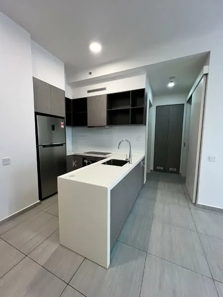 Kitchen features: island kitchen with white countertop, grey cabinetry, stainless-steel fridge, single-bowl stainless-steel sink, chrome pull-down faucet, ceramic tile flooring, white walls, open shelving, built-in cabinets, recessed downlights; style: modern.