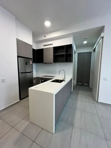 Kitchen features: white quartz countertop, single-bowl stainless-steel sink, chrome pull-down faucet, grey flat-panel cabinets, black refrigerator, built-in oven, ceramic tile flooring, recessed downlights, open shelving, wall-mounted cabinets, neutral painted walls, sliding door to pantry, modern design; style: modern.