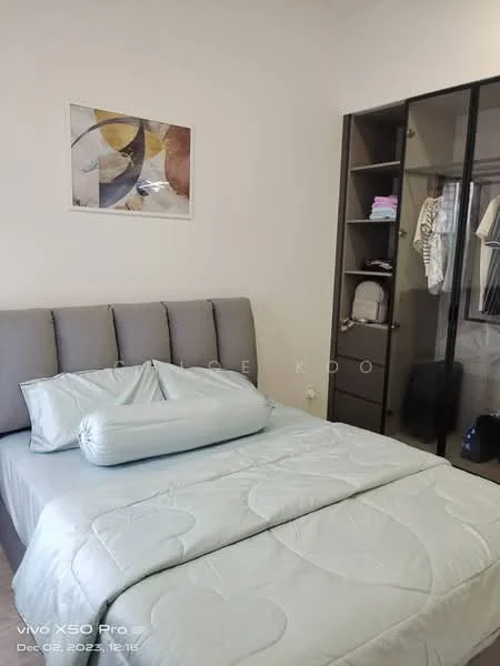 Bedroom features: queen-size bed with grey upholstered headboard, light blue bedding, decorative pillow, framed artwork on wall, built-in wardrobe with glass doors, open shelving in wardrobe, neutral painted walls, carpeted flooring; style: modern.