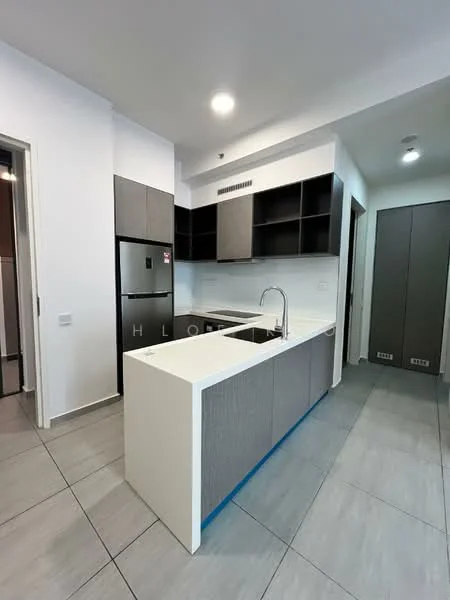 Kitchen features: white countertop, grey cabinetry, stainless-steel fridge, single-bowl stainless-steel sink, chrome pull-down faucet, built-in oven, ceramic tile flooring, recessed downlights, open shelving, wall-mounted cabinets, neutral wall color, kitchen island; style: modern.