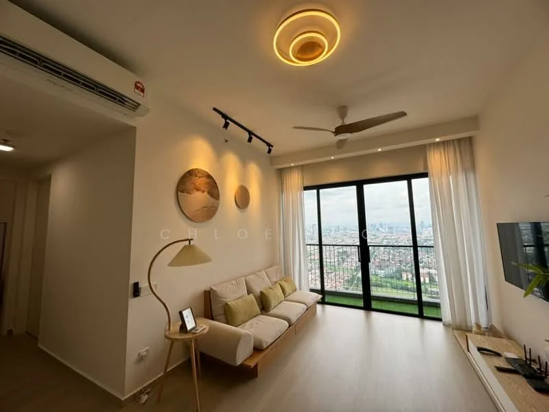 Living features: floor-to-ceiling windows, sliding glass door, light wood flooring, 5-blade ceiling fan with light, wall-mounted TV, sofa with light upholstery, decorative lamp, wall art, curtains, recessed lighting; style: modern; view: city.