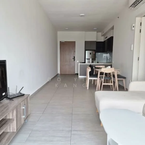 Living features: light grey tiled flooring, white painted walls, recessed downlights, wall-mounted TV, wooden TV console, sofa in light fabric, dining table with wooden chairs, open kitchen with black cabinetry, stainless-steel fridge, kitchen countertop, air conditioning unit; style: modern. Kitchen features: black cabinetry, stainless-steel fridge, kitchen countertop, open layout; style: modern.