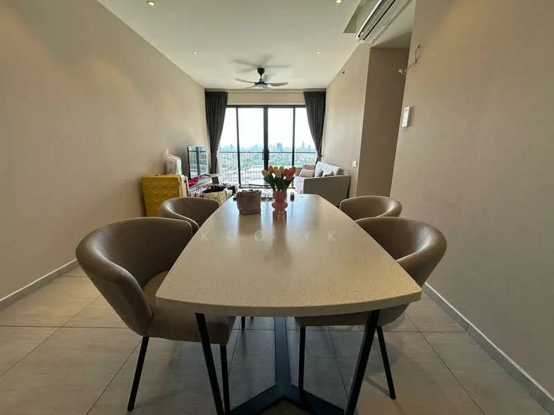 Dining features: oval dining table with white countertop, 4 beige upholstered dining chairs, floor-to-ceiling windows, city view, light grey tiled flooring, recessed downlights, ceiling fan, decorative vase with flowers, wall-mounted TV, sofa in background; style: modern; view: city.