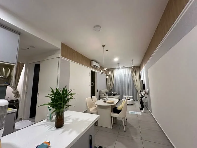 Living features: light grey tiled flooring, white painted walls, wood panel accent wall, recessed downlights, 3-blade ceiling fan, floor-to-ceiling windows with sheer curtains, sofa in light grey fabric, round dining table with white chairs, decorative plant on table, TV console, wall-mounted TV, area rug, air conditioning unit; style: modern. Kitchen features: white cabinetry, stainless-steel sink, built-in oven, freestanding range oven, microwave, countertop with bar seating; style: modern.
