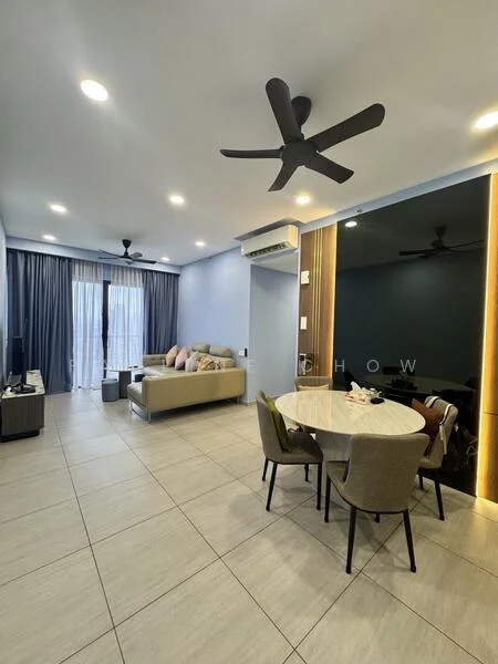 Living features: light grey tiled flooring, blue painted walls, 5-blade ceiling fan with light, sofa in light beige, decorative cushions on sofa, round dining table with 4 upholstered chairs, floor-to-ceiling windows with sheer curtains, wall-mounted TV, air conditioning unit, accent wall with backlighting; style: modern.