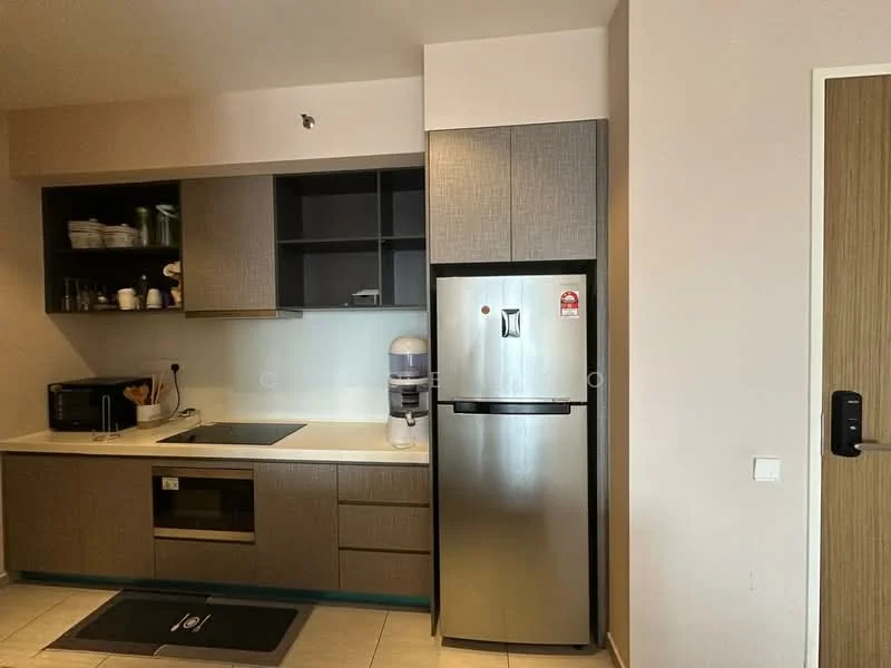 Kitchen features: stainless-steel fridge, built-in oven, 4-burner gas hob, single-bowl stainless-steel sink, chrome pull-down faucet, laminate countertop, flat-panel cabinetry in brown, open shelving, tile flooring, wall-mounted microwave; style: modern.