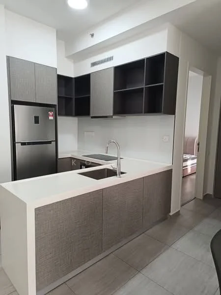 Kitchen features: single-bowl stainless-steel sink, chrome pull-down faucet, quartz countertop, grey cabinetry with flat-panel design, open shelving above countertop, stainless-steel fridge, tile flooring, recessed downlights; style: modern.
