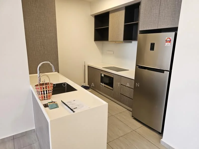 Kitchen features: single-bowl stainless-steel sink, chrome pull-down faucet, white quartz countertop, grey flat-panel cabinets, built-in oven, stainless-steel fridge, ceramic tile flooring, wall-mounted kitchen hood, induction cooktop, open shelving, recessed downlights; style: modern.