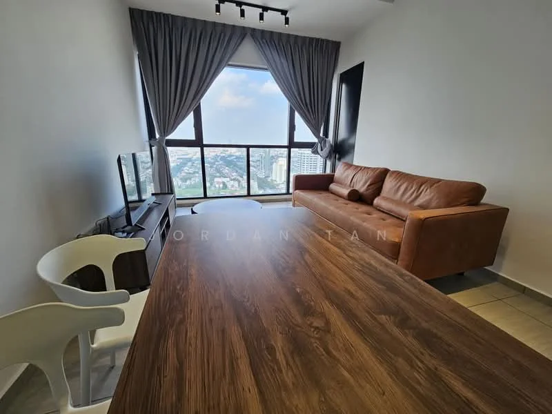 Living features: brown leather sofa, wooden coffee table, white plastic chair, TV console, floor-to-ceiling windows, curtains, city view, recessed lighting; style: modern; view: city.