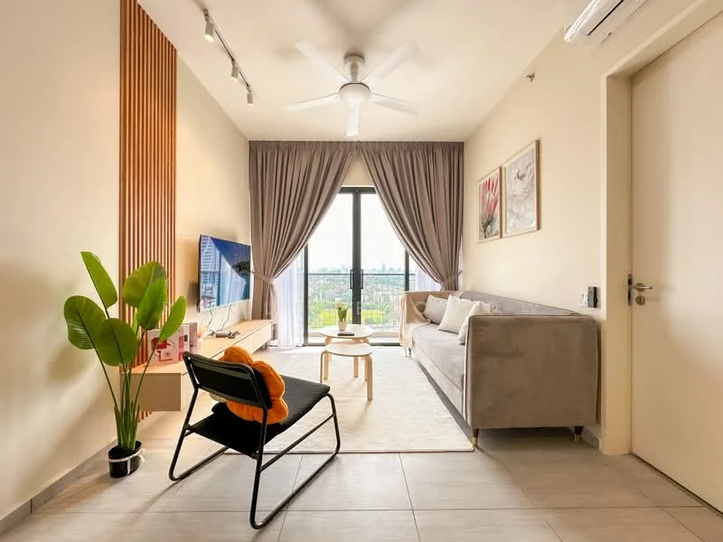 Living features: 3-seater fabric sofa in grey, coffee table, TV console, wall-mounted TV, area rug, 5-blade ceiling fan with light, floor-to-ceiling windows, curtains, decorative wall paneling, indoor plant, light-colored walls, tile flooring; style: modern; view: city.