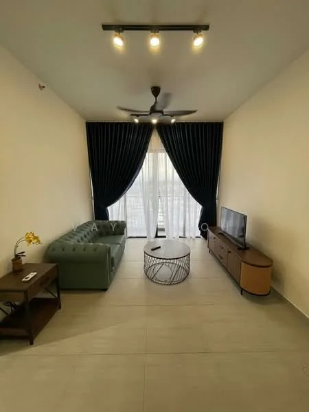 Living features: green leather sofa, round coffee table with metal base, TV console, wall-mounted TV, floor-to-ceiling windows, sheer curtains, blackout curtains, ceiling fan with light, light-colored walls, tile flooring; style: modern.