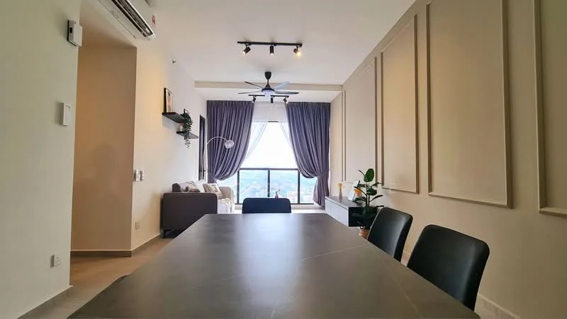 Dining features: dining table with grey stone top, black upholstered dining chairs, recessed downlights, 5-blade ceiling fan with light, large window with city view, curtains in light grey, wall paneling, neutral painted walls; style: modern; view: city. Living features: sofa in light fabric, coffee table, decorative wall shelf, floor-to-ceiling window, plant in ceramic pot; style: modern; view: city.